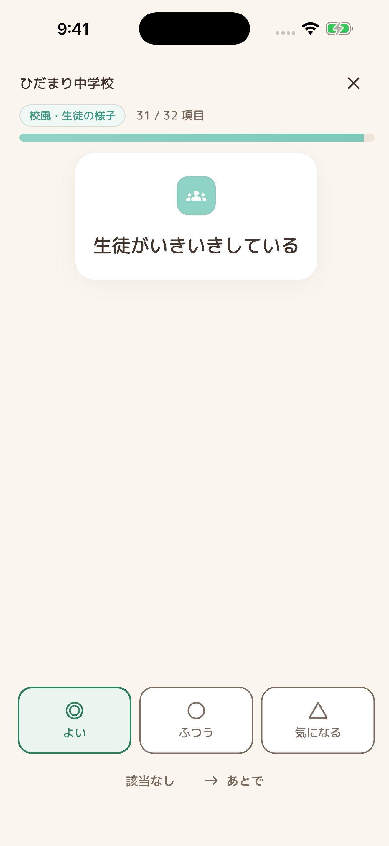 見学中に一つずつ質問を確認し、よい・ふつう・気になるで記録